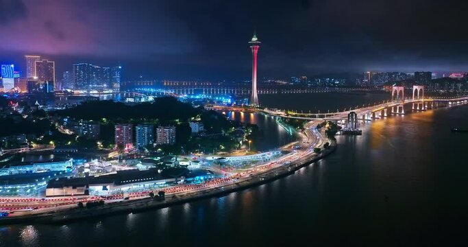 Aerial view of Macau island city financial district skyline at night