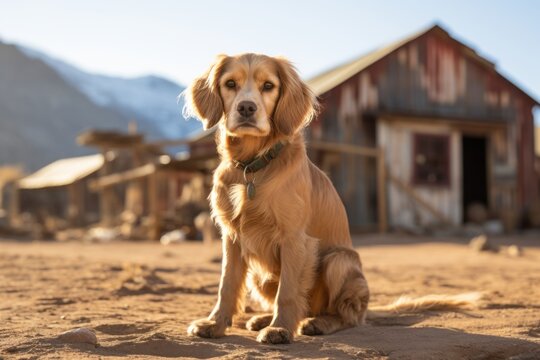 Full-length portrait photography of a cute cocker spaniel sitting against ghost towns background. With generative AI technology