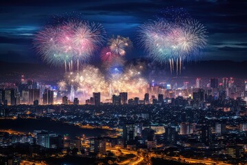 Fototapeta premium City Skylines Aglow: Aerial Symphony of Fireworks, generative AI