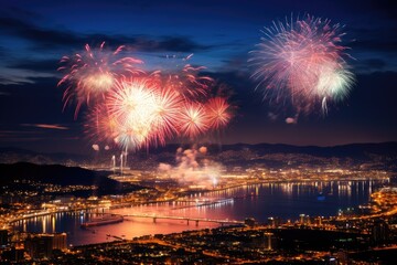 City Skylines Aglow: Aerial Symphony of Fireworks, generative AI