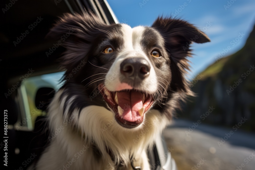 Sticker headshot portrait photography of a smiling border collie sticking head out of a car window against n