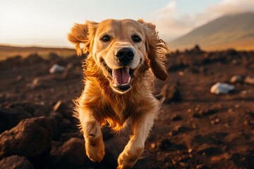 Environmental portrait photography of a funny golden retriever running against volcanoes and lava fields background. With generative AI technology