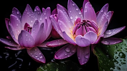 Purple lotus flower with water drops on black background, close up. Spa Concept. Springtime concept with copy space. - obrazy, fototapety, plakaty