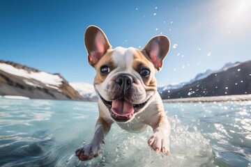 Lifestyle portrait photography of a happy french bulldog shaking off water after swimming against glaciers and ice caves background. With generative AI technology