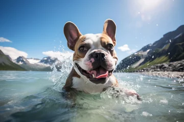  Lifestyle portrait photography of a happy french bulldog shaking off water after swimming against glaciers and ice caves background. With generative AI technology © Markus Schröder