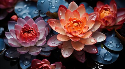 Beautiful lotus flower in the pond with water droplets. Spa Concept. Springtime concept with copy space. - obrazy, fototapety, plakaty