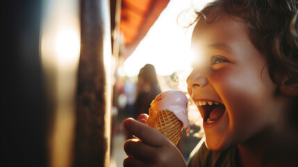 Portrait of a smiling child with ice cream, blurred background of a summer fair