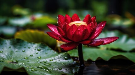 Red water lily in the pond with raindrops on the leaves. Spa Concept. Springtime concept with copy space.