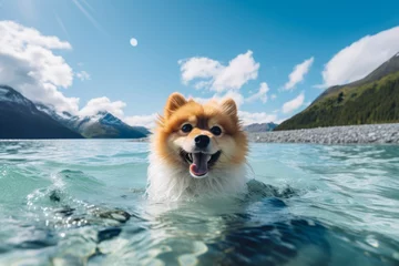 Zelfklevend Fotobehang Lifestyle portrait photography of a happy pomeranian swimming in a lake against glaciers and ice caves background. With generative AI technology © Markus Schröder