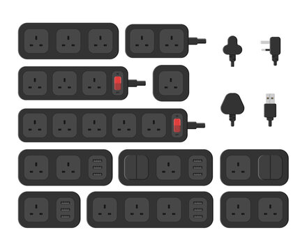 power outlet plug extension strip switch british type g set vector flat illustration