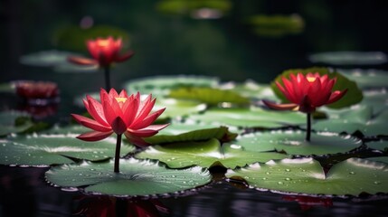 Beautiful red water lily in the pond with green leaves. Spa Concept. Springtime concept with copy space.