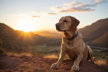 Medium shot portrait photography of a happy labrador retriever watching a sunset with the owner against gorges and canyons background. With generative AI technology