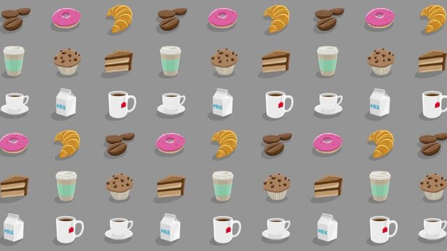 Colorful Moving Cartoon Coffee and Breakfast Graphics on a Grey Background
