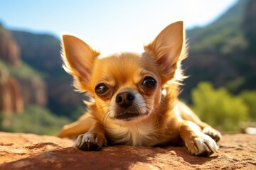 Headshot portrait photography of a tired chihuahua lying down against gorges and canyons background. With generative AI technology