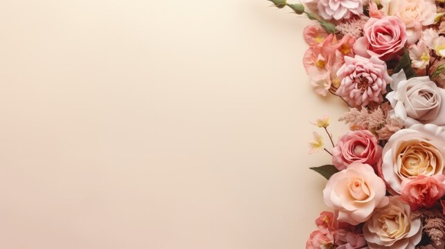  a bunch of flowers that are on top of a white surface with a place for a text on the bottom of the picture.