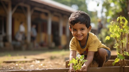 A cute little Indian kid boy playing outside of his home in the garden on the grass. sunny golden hour day. 