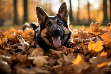 Lifestyle portrait photography of a happy german shepherd playing in a pile of leaves against windmills background. With generative AI technology - obrazy, fototapety, plakaty