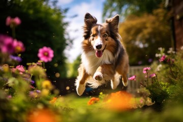 Lifestyle portrait photography of a funny shetland sheepdog catching a frisbee against colorful flower gardens background. With generative AI technology