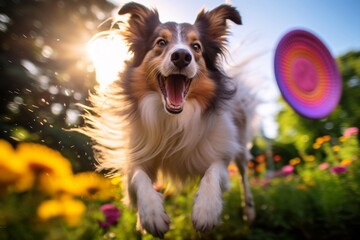 Fototapeta premium Lifestyle portrait photography of a funny shetland sheepdog catching a frisbee against colorful flower gardens background. With generative AI technology