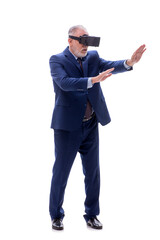 Old businessman wearing virtual glasses isolated on white