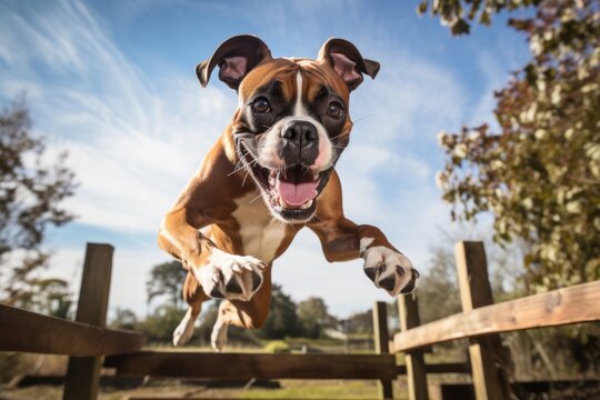 Lifestyle portrait photography of a happy boxer dog jumping over an obstacle against birdwatching spots background. With generative AI technology
