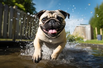 Obraz premium Close-up portrait photography of a cute pug splashing in a pool against horse stables and riding trails background. With generative AI technology