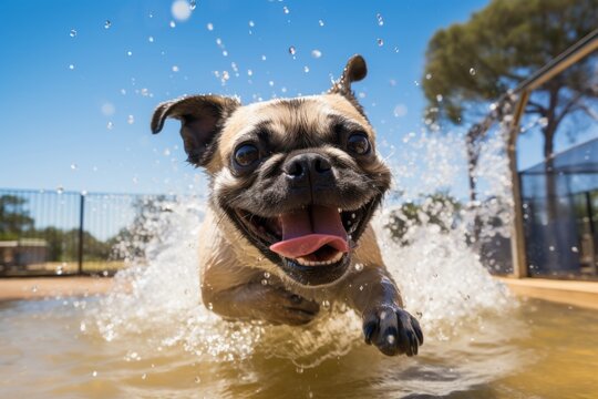 Close-up portrait photography of a cute pug splashing in a pool against horse stables and riding trails background. With generative AI technology