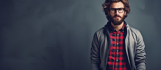 The young man with a hipster lifestyle rode his bicycle, wearing glasses and a checkered shirt, with a fashionable hairstyle and a light shining on his face, displaying his trendy background fashion