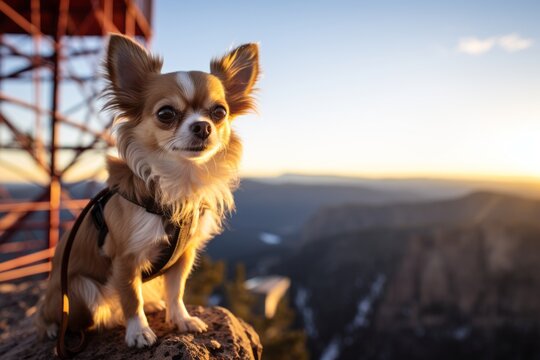 Medium shot portrait photography of a cute chihuahua being on a mountain peak against fire lookout towers background. With generative AI technology