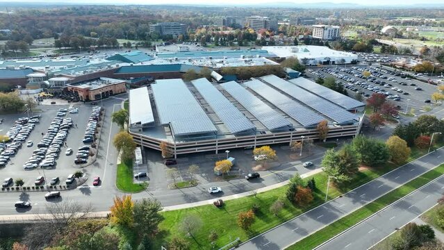 Drone footage of Bridgewater Commons - Parking Garage on a sunny day in Bridgewater, New Jersey, USA