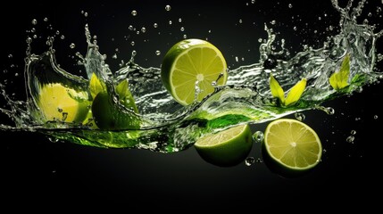  a splash of water with limes and lime slices on a black background with a splash of water on a black background.