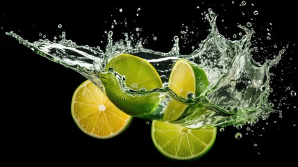  a group of limes with water splashing out of them on a black background with a black back ground.