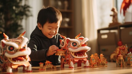  Asian boy hugging a toy dragon, a symbol of the new year, Chinese traditional calendar, a child...