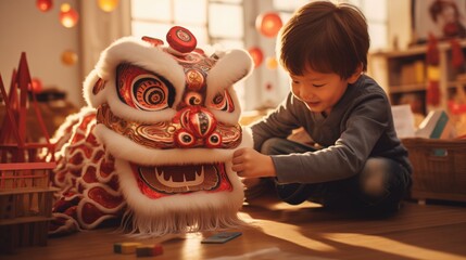  Asian boy hugging a toy dragon, a symbol of the new year, Chinese traditional calendar, a child holding a cute dinosaur, childhood, a gift - obrazy, fototapety, plakaty