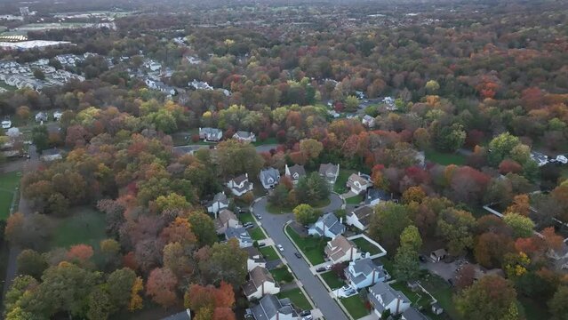 High drone footage of the cityscape of Bridgewater township at sunset, New Jersey, USA