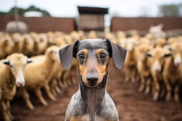 Tuinposter Medium shot portrait photography of a curious dachshund sitting against alpaca and llama farms background. With generative AI technology © Markus Schröder