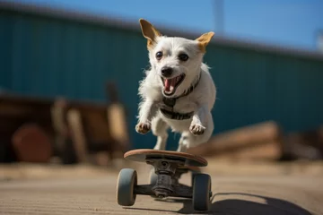 Zelfklevend Fotobehang Environmental portrait photography of a funny jack russell terrier skateboarding against alpaca and llama farms background. With generative AI technology © Markus Schröder