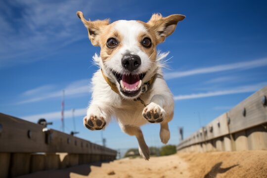Environmental portrait photography of a funny jack russell terrier skateboarding against alpaca and llama farms background. With generative AI technology