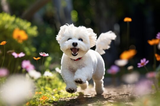 Environmental portrait photography of a happy bichon frise running against butterfly gardens background. With generative AI technology