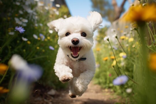 Environmental portrait photography of a happy bichon frise running against butterfly gardens background. With generative AI technology