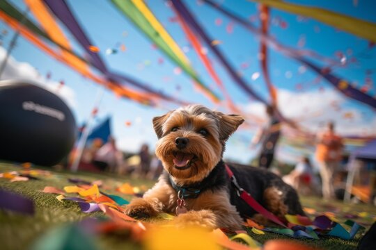 Environmental portrait photography of a smiling yorkshire terrier lying down against kite festivals background. With generative AI technology