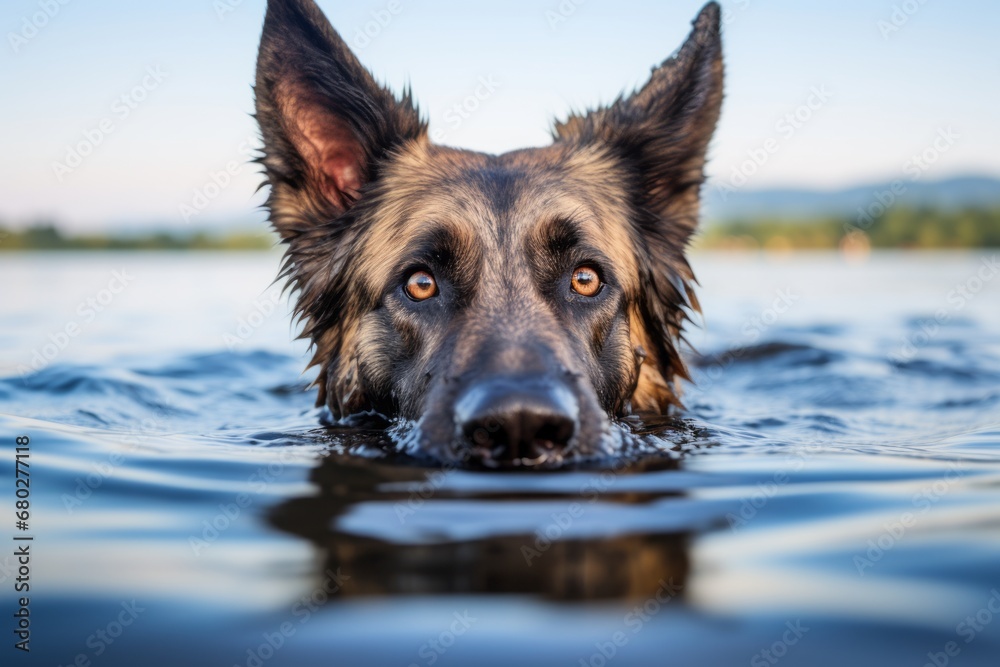 Wall mural Headshot portrait photography of a curious german shepherd swimming in a lake against bison ranges background. With generative AI technology