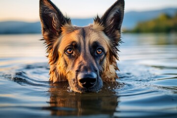 Headshot portrait photography of a curious german shepherd swimming in a lake against bison ranges background. With generative AI technology