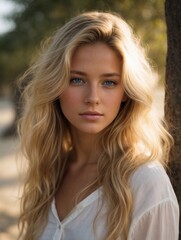 Naklejka premium Photorealistic portrait of a 18-year-old girl with blonde hair, blue eyes, and white clothes. Natural and approachable expression at golden-hour. High-resolution, 85mm lens, 4K, Generative AI