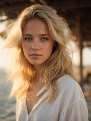 Fototapeta premium Photorealistic portrait of a 18-year-old girl with blonde hair, blue eyes, and white clothes. Natural and approachable expression at golden-hour. High-resolution, 85mm lens, 4K, Generative AI