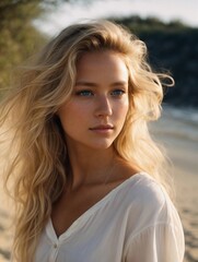 Fototapeta premium Photorealistic portrait of a 18-year-old girl with blonde hair, blue eyes, and white clothes. Natural and approachable expression at golden-hour. High-resolution, 85mm lens, 4K, Generative AI