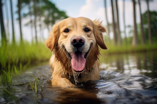 Environmental portrait photography of a smiling golden retriever rolling against swamps and bayous background. With generative AI technology