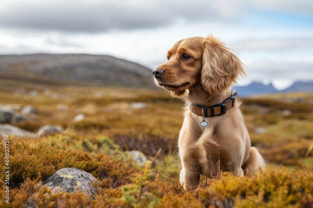 Wall mural environmental portrait photography of a cute cocker spaniel wearing a collar against tundra landscap