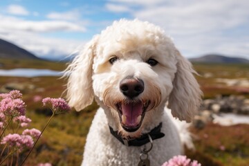 Group portrait photography of a smiling poodle having a flower in its mouth against tundra landscapes background. With generative AI technology