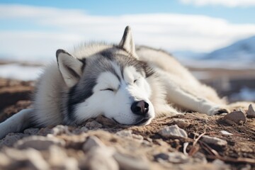 Medium shot portrait photography of a curious siberian husky sleeping against tundra landscapes background. With generative AI technology